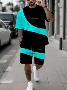 Men's Street Style Patchwork Set, Los Angeles Letter Print Short Sleeve T-Shirt + Shorts Two Piece Matching Set, Casual Fitted Suit