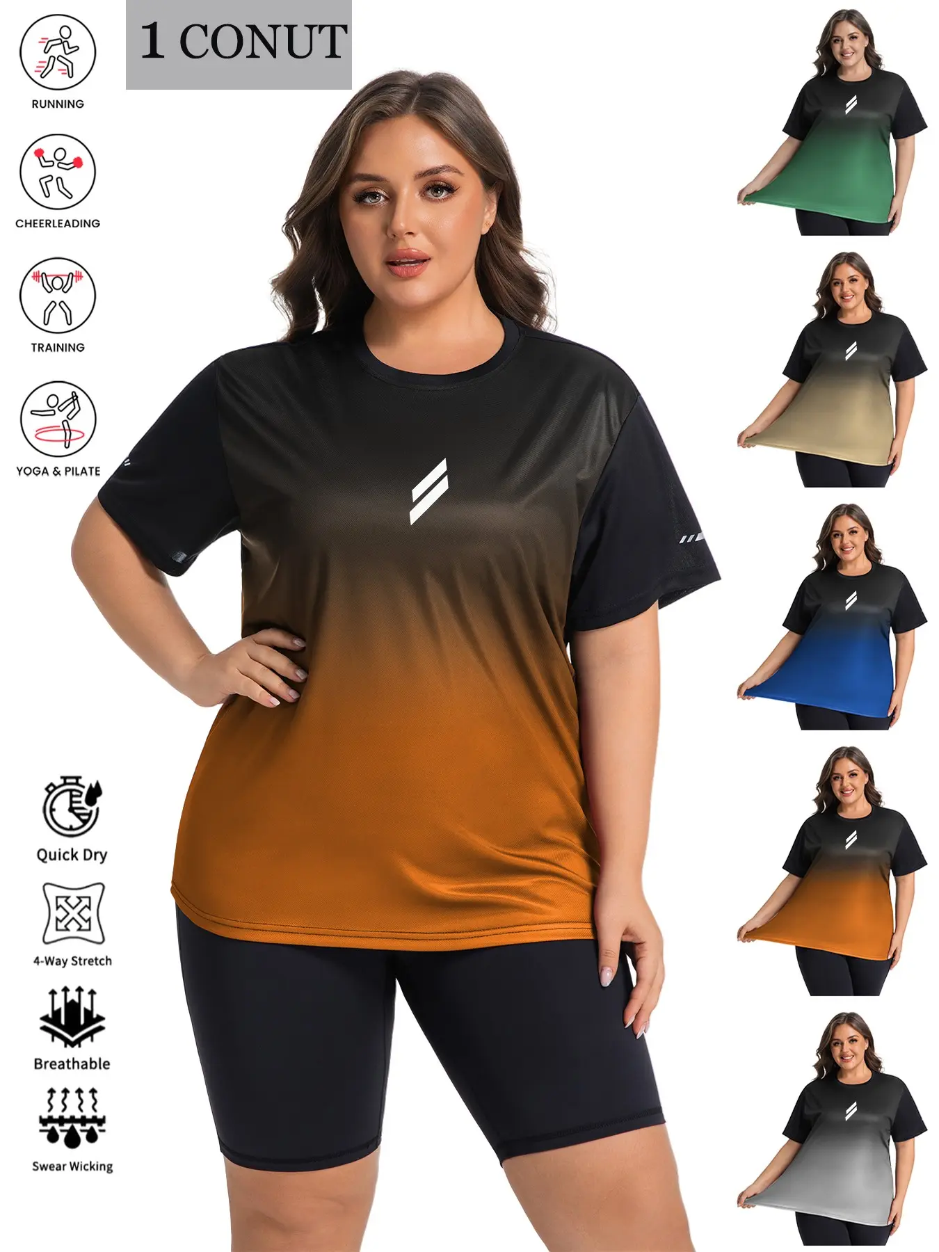 Women's Plus Size Summer Sports T-Shirt, Sports Clothing, Athletic Clothes, Athletic Fitted Breathable Shirt - Lightweight & Quick Dry, Slim Fit Design Gradient Geometric Print with Reflective Strips, Perfect for Gym Workouts, Running & Daily Casual Wear