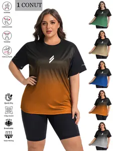 Women's Plus Size Summer Sports T-Shirt, Athletic Shirt - Breathable Fabric, Lightweight & Quick Dry, Slim Fit Design Gradient Geometric Print with Reflective Strips, Perfect for Gym Workouts, Running & Daily Casual Wear