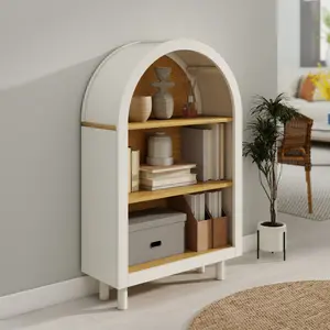 Arched Top Bookcase, White & Natural Wood Grain 3-Tier Display Shelf, 37.4-Inch Tall Storage Cabinet with Solid Wood Legs for Living Room Bedroom Dining Room Entryway