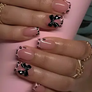 Short Glossy Square Nails, 3D Bow, Leopard Print, Daily Wear, Versatile False Nails, Style, Perfect for Any Occasion