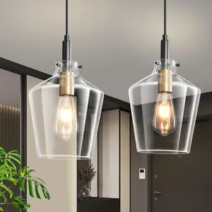Glass Pendant Lighting for Kitchen Island 2 Pack, Farmhouse Black and Gold Pendant Light Fixtures, Adjustable Hanging Ceiling Light, Angled 8 Inch Clear Glass Shades