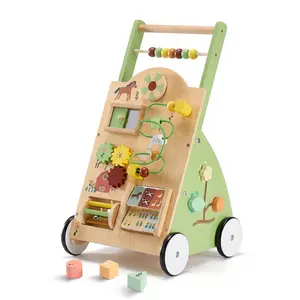 10-in-1 Wooden Baby Walker Activity Center, Multifunctional Toddler Push Learning Toy with Bead Maze & Shape Sorter, Anti-Rollover Learning Walker for Infant Indoor Play & First Steps Training