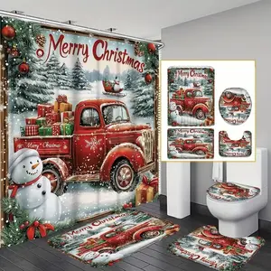 4-Piece Christmas Winter Shower Curtain Set, Cute Snowman Truck Design, Washable Polyester Fabric, Includes Hooks & Non-Slip Pads, Home Decor
