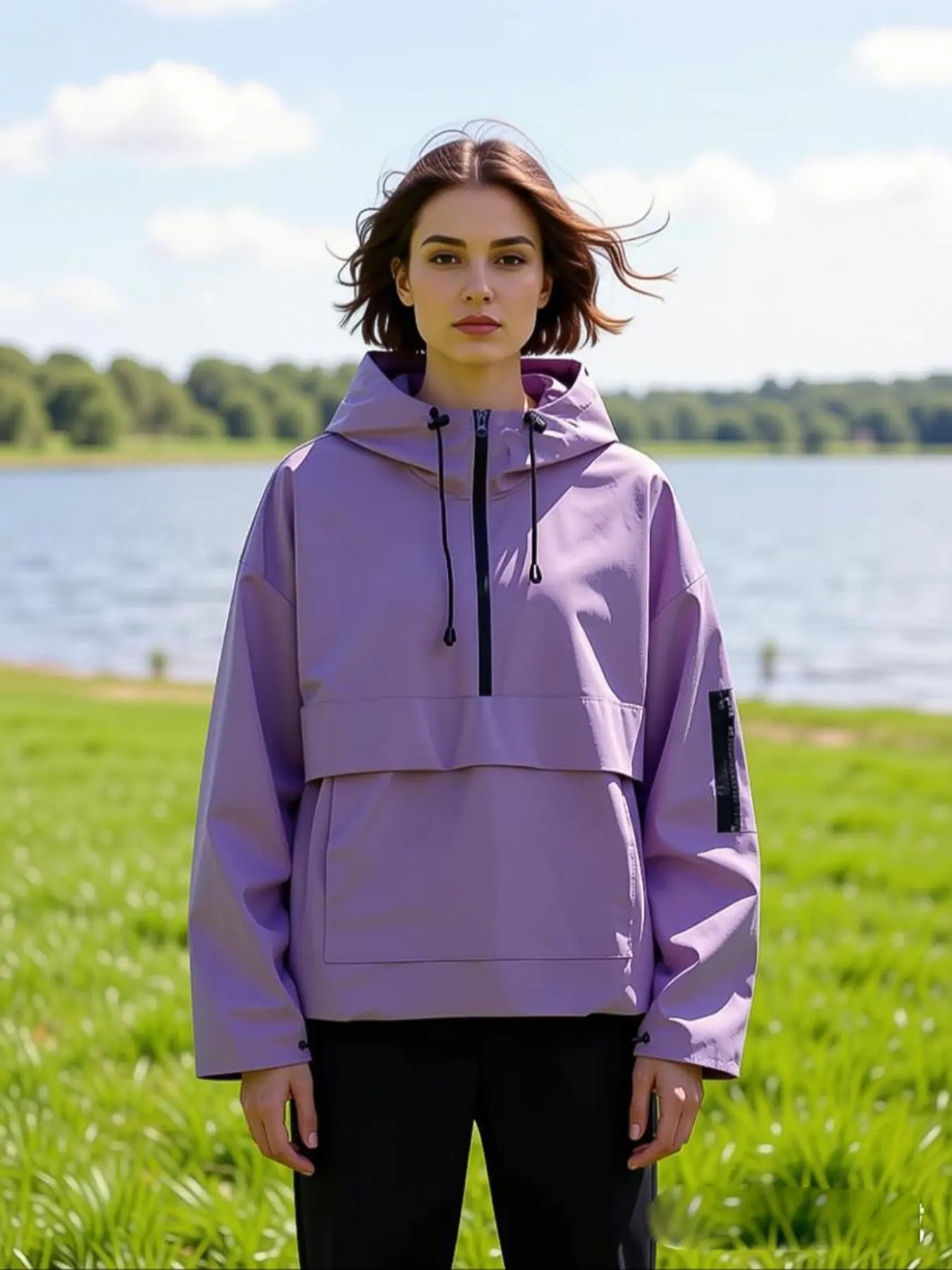 Women's Waterproof Hoodie Jacket with Kangaroo Pocket, Adjustable Waist and Long Sleeves, Outdoor Sports Wear, Waterproof Outerwear