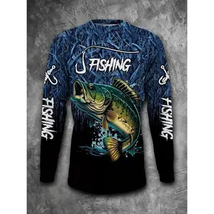 Men's Long Sleeve Casual Fishing Shirt - 3D Fish Print, Crew Neck, Polyester, Black & Blue Gradient, Ideal for Outdoor Activities, Fishing Accessory