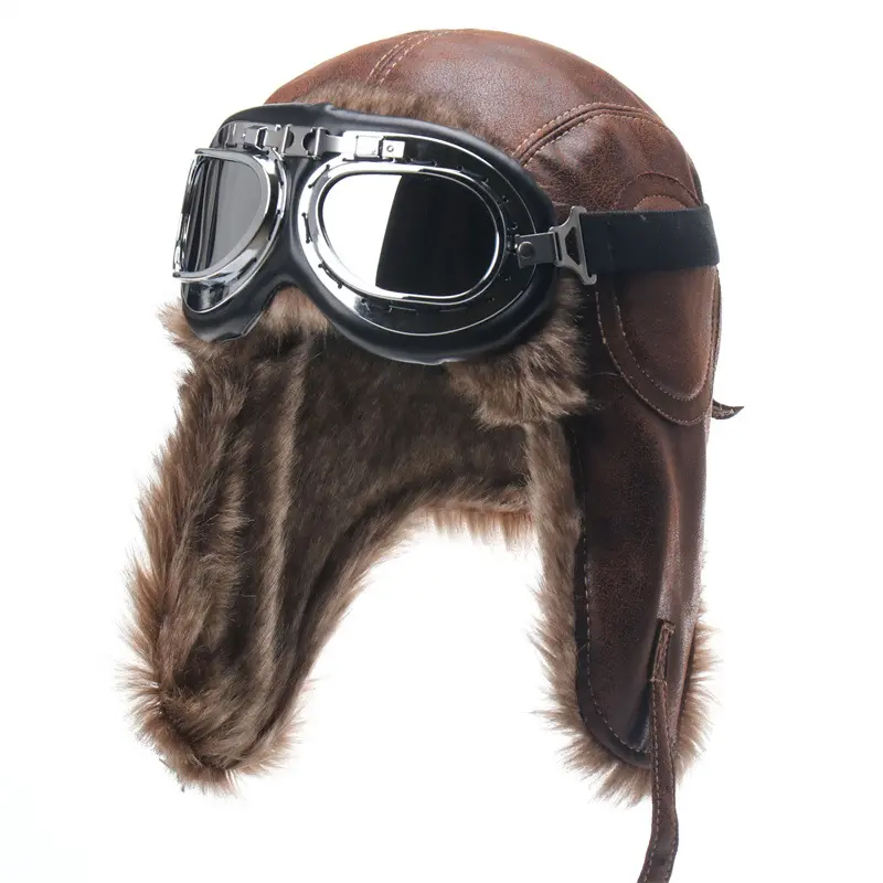 All-Weather Winter Ushanka Hat - 200g-300g Heavy-Duty Solid Faux Leather Black Cap with Black Silver Frame Goggles, Full-Face Windproof Sports Outdoor Off Road Barrel Type Thunder Cap for Snowboarding, Motorcycle Use, Hats Black Cap