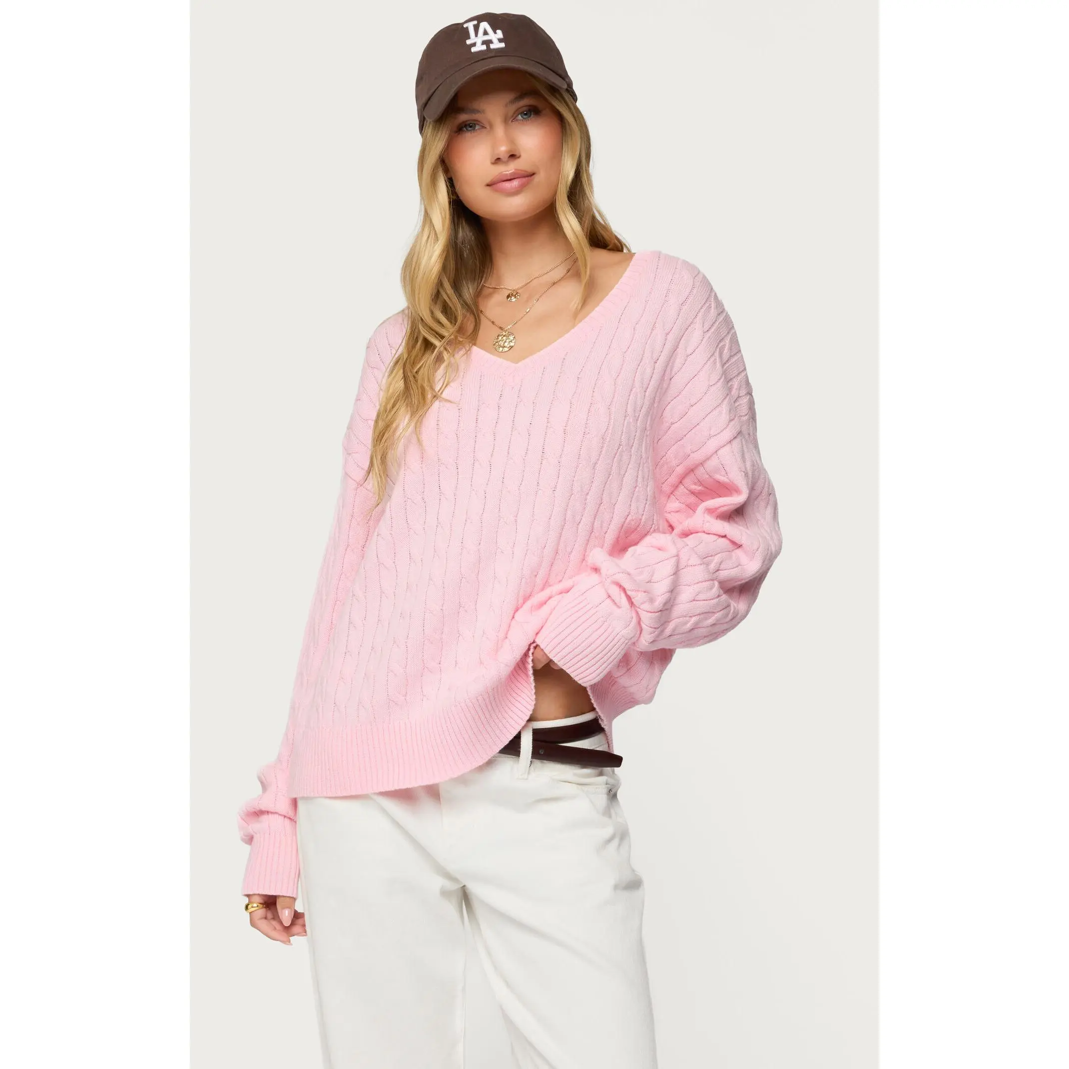 Edikted Women's Polly V Neck Cable Knit Sweater