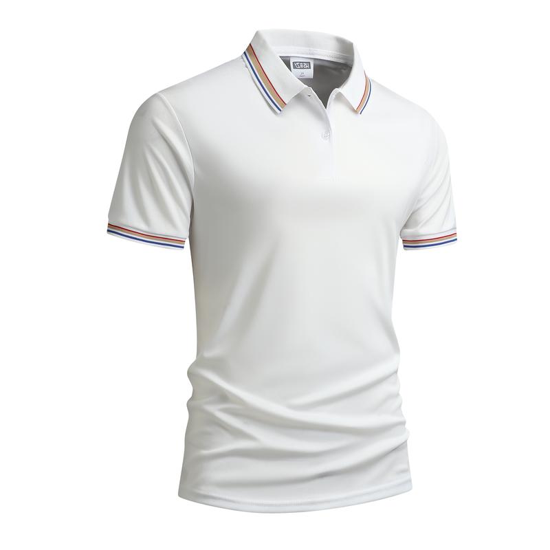 Men's Solid Black Polo Shirt with Orange & White Trim Turn-down Collar Short Sleeve Summer Versatile Business Casual Top