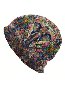 Biihudu Men's Elephant Mandala Beanie Hat - Vibrant Colorful Design, Soft Warm Winter Cap, Fashionable Novelty Accessory for Casual Outings & Parties, Elephant Gifts, Party Headwear, Artistic Craftsmanship