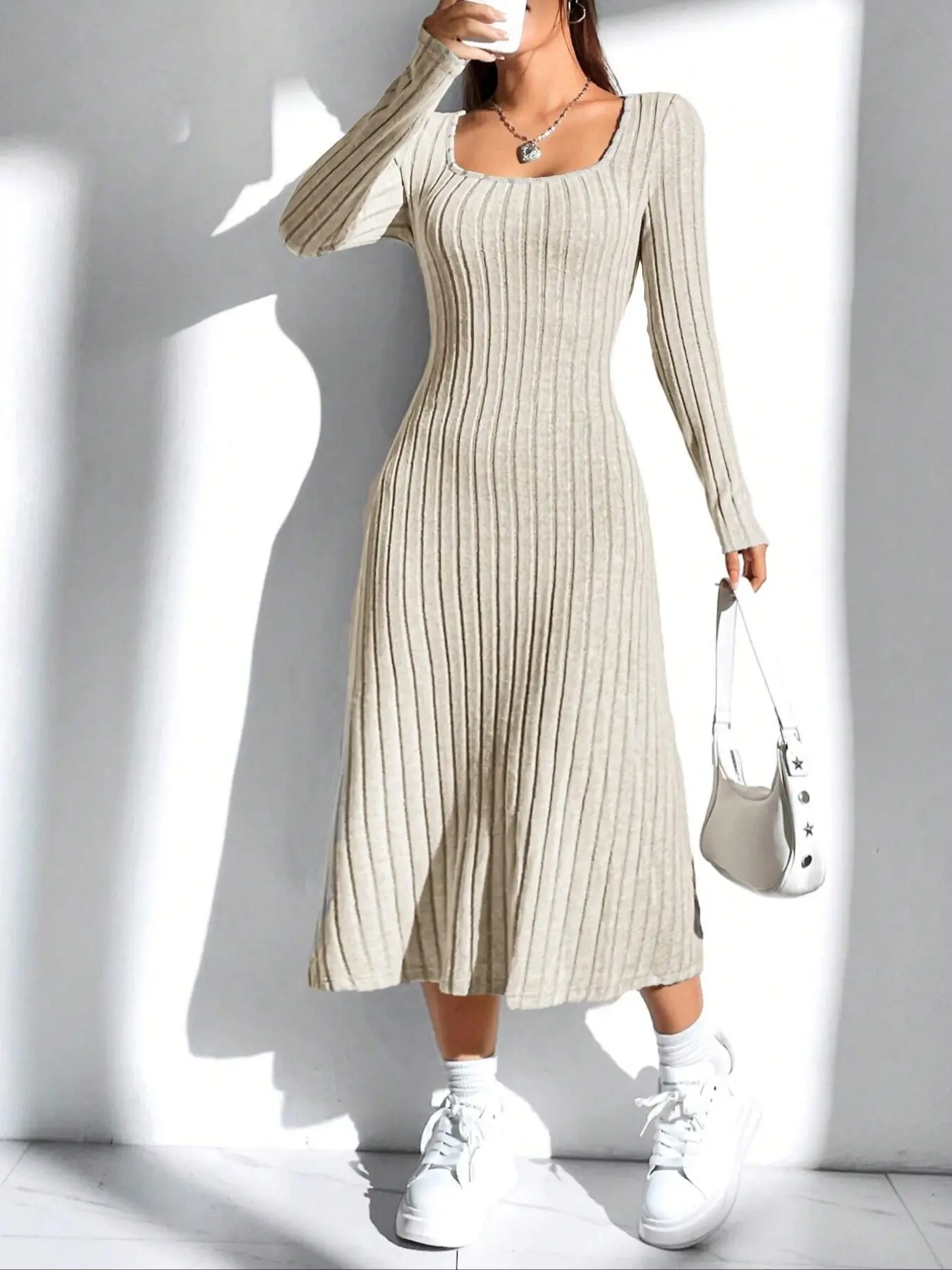Autumn Winter New Casual Minimalist Square Neck Long Sleeve Knitted Ribbed Fitted Bodycon Lady Womenswear Dress, Soft & Cozy Design, Perfect for Daily Wear & Seasonal