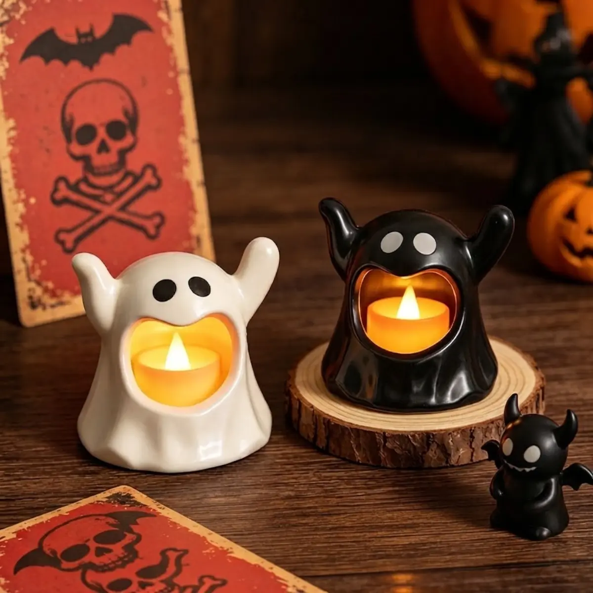 Ghost Tea Light Holder with LED Candle - Cute Halloween Ghost Tabletop Decoration in Black or White, Flickering Flameless Light for Mantel, Shelf, Desk and Party Decor