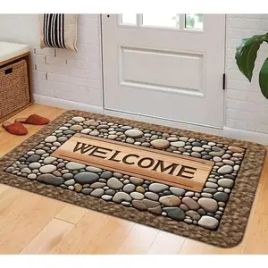 Welcome Home Non Slip Doormat - Stone Pattern Wood Texture Design Machine Washable for Farmhouse Decor All Season