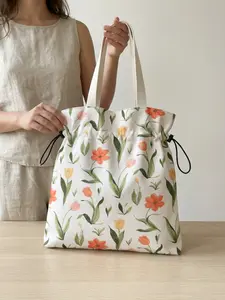 Floral Pattern Drawstring Tote Bag, Large Capacity Shopping Bag, Durable and Wear-Resistant, Random Print, Suitable for Work, Shopping, Picnic