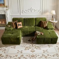 Silver Velvet Fabric Green Right Chaise & Ottoman