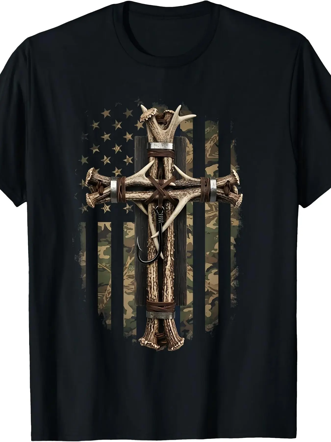 Camouflage Cross Deer Horn Fish Hook Hunting Christian Bible TShirtRetro Casual Crew Neck Printed T-Shirt