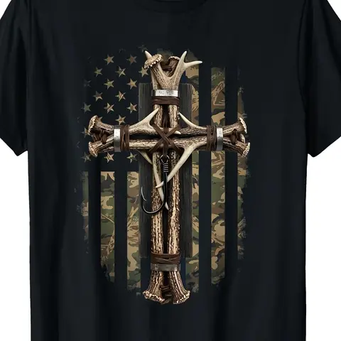 Camouflage Cross Deer Horn Fish Hook Hunting Christian Bible TShirtRetro Casual Crew Neck Printed T-Shirt