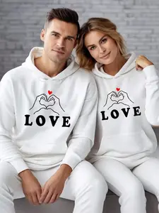 Couple Hoodie Set Heart Gesture Love Design, Casual Loose Fit, Sweet Print, Perfect for Dating, Home, Shopping, European Style