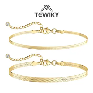 Tewiky Gold Double Layer Snake Chain Anklet, 3mm & 5mm Flat Snake Chains, Minimal Chic Ankle Bracelet For Summer