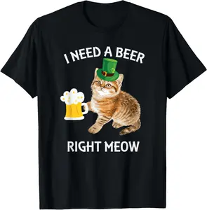 Funny Irish Beer Cat St Patricks Day Drinking With Hat T-Shirt Pure Cotton Graphic Tees Menswear Top: Gifts for Men & Women