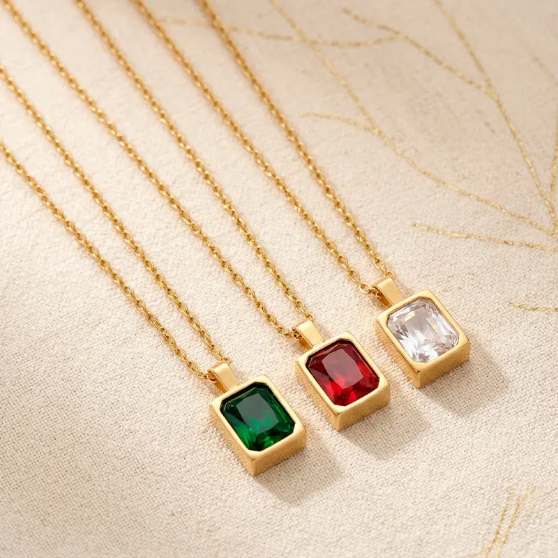 1 piece delicate gold-plated rectangular birthstone pendant necklace, emerald-cut cubic zirconia necklace, minimalist gemstone necklace for women