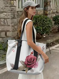 Floral Letter Pattern Drawstring Tote Bag, Large Capacity Shopping Bag, Durable and Wear-Resistant, Suitable for Work, Shopping, Picnic