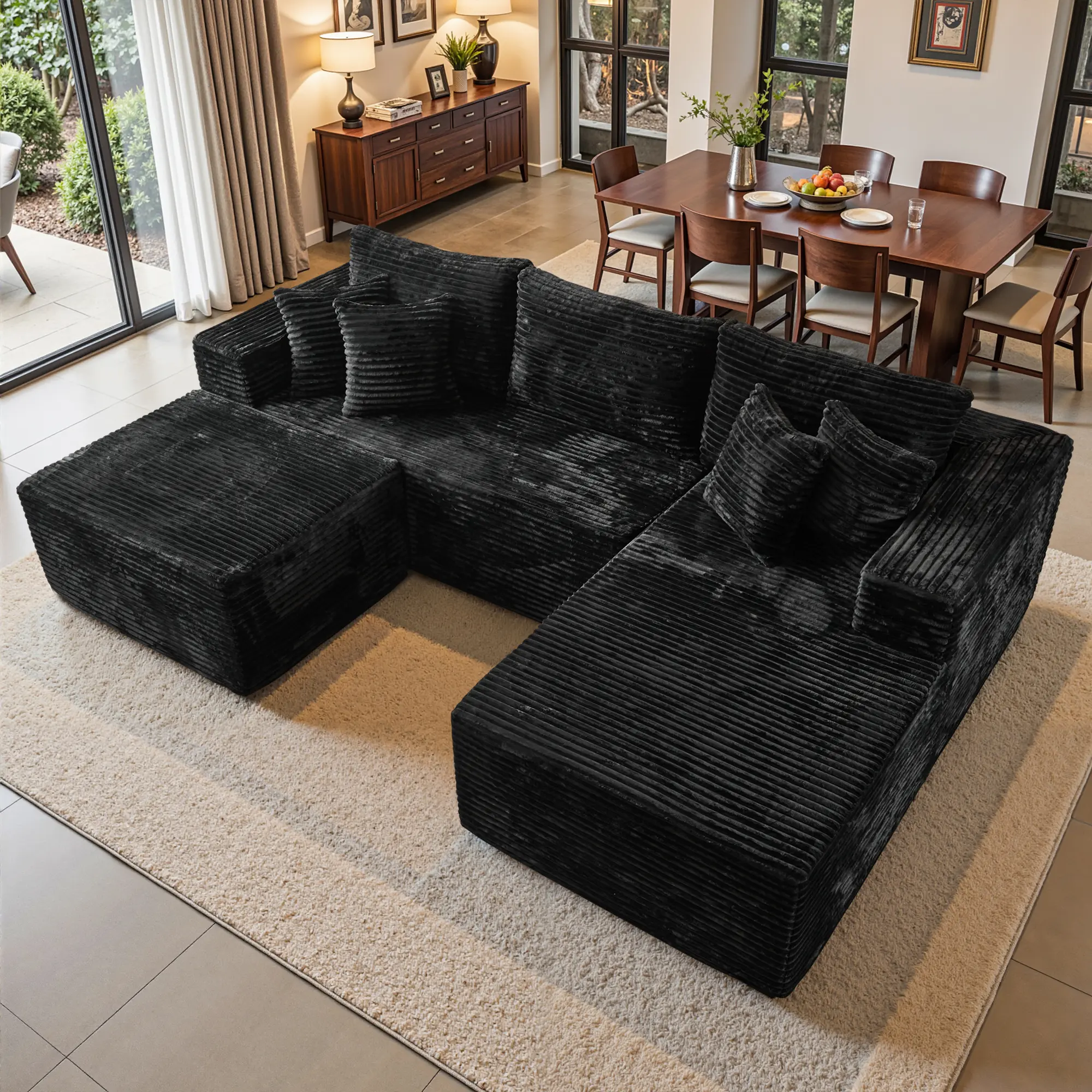 106" Black U-Shaped with Ottoman, Right Chaise