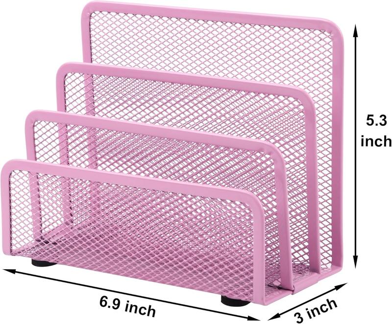 Mail Organizer Countertop Metal Mesh File Holder with 3-Slot Desk Accessories For Home and Office Pink