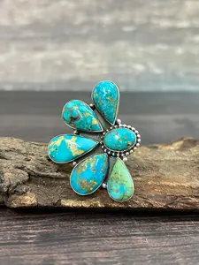 Handmade Sterling Silver South Hill Turquoise Adjustable Ring with Signed Nizhoni