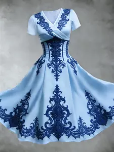 Vintage Gothic Waist-Tie Dress, Elegant Short Sleeve V-Neck Design, Perfect for Parties & Daily Wear, Ideal for Photo Shoots & Dating