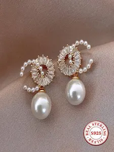 S925 sterling silver chic double C pearl pendant earrings - gold-plated crystal ring earrings, suitable for women's fashion party wedding jewelry Elegant Earrings