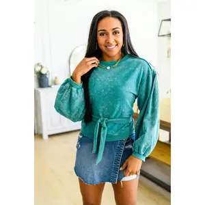 Tied Up In Cuteness Mineral Wash Sweater in Teal