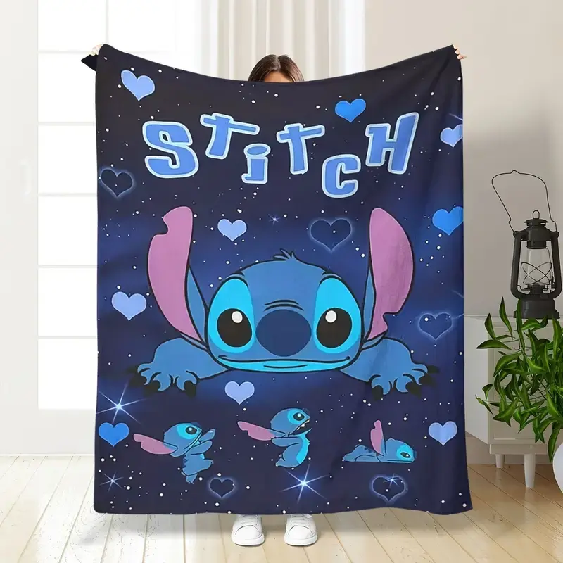 [SummerVibes] DISNEY CLASSIC Stitch Cartoon Flannel Blanket - Ultra Soft, Cozy Light Blue with Adorable Stitch Design, Perfect for Sofa & Living Room Decor