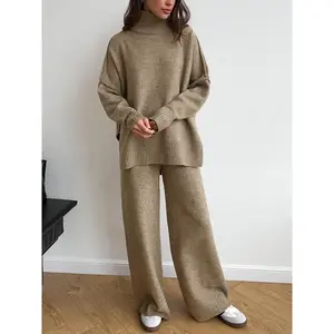 Autumn and winter women's 2-piece solid color sweater set, long sleeved round neck off shoulder pullover and wide leg pants, women's autumn set, home clothing setRAIMENTRY