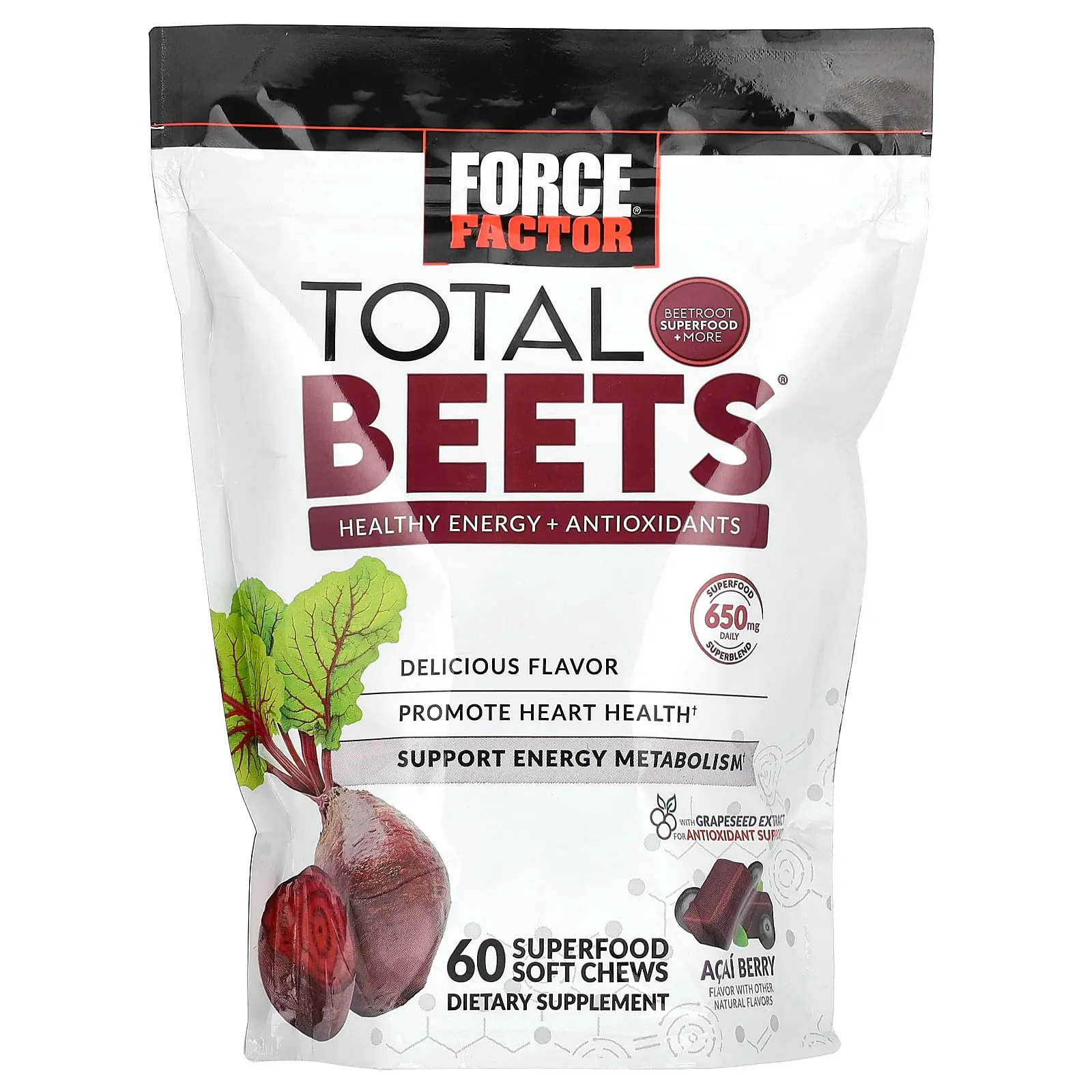 Force Factor Total Beets®, Healthy Energy + Antioxidants, Acai Berry, 60 Superfood Soft Chews