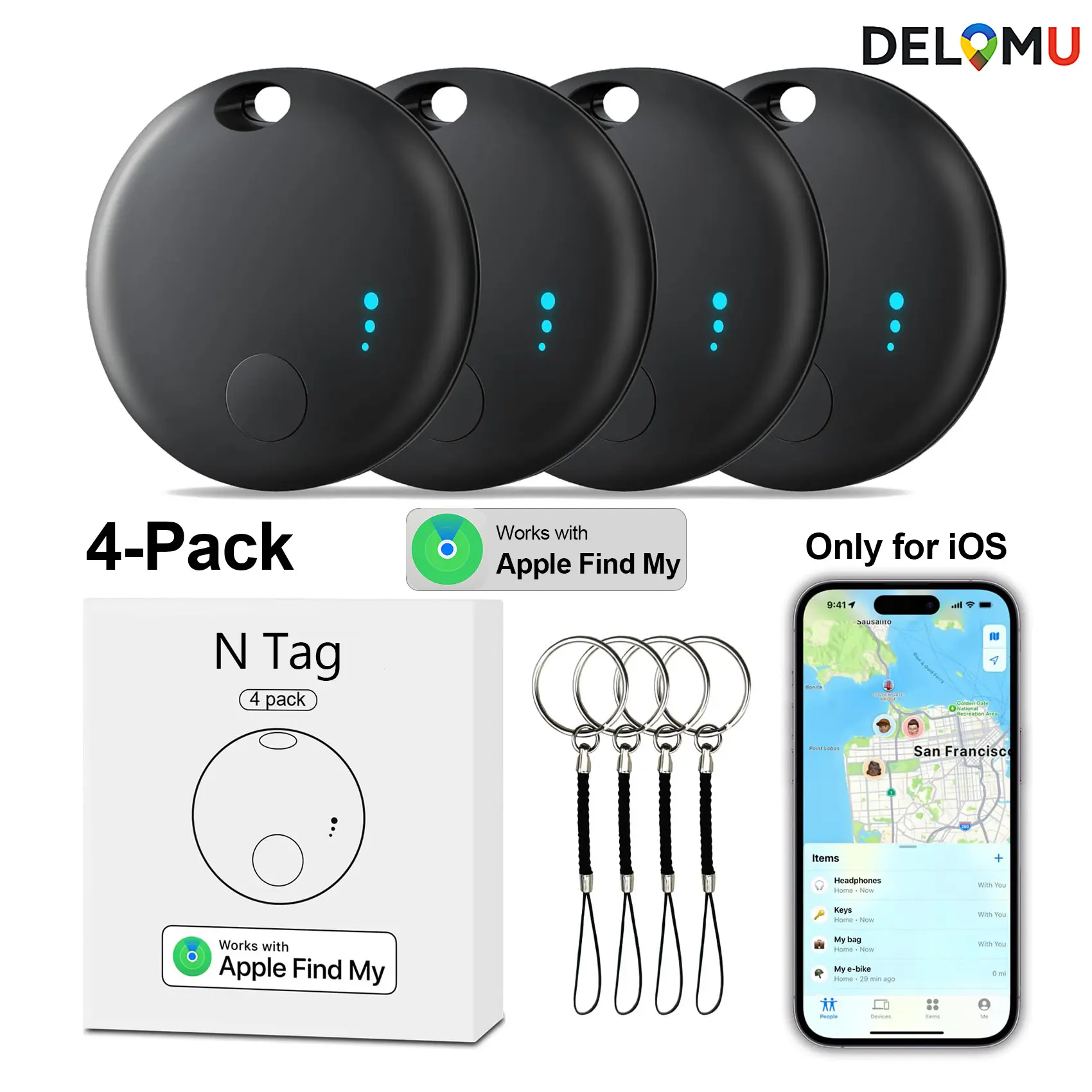 iOS Only 4-Pack Bluetooth Tracker – Smart Mini Locator for Keys, Wallets, Luggage, Pets & Kids,Find My App Compatible, Keys Finder and Items Locator,Replaceable Battery,Everyday Essentials Tracker, Compact & Portable, Easy to Use