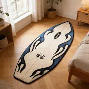Blue and White Flame Surfboard Alien Carpet Trendy Color Blocking Flocked Floor Mat Anti-Slip Wear-Resistant Bedside Mat Sporty Space Decor Pad Suitable for Ins Style / Streetwear Fashion