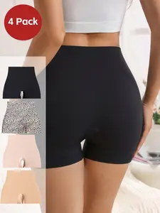 Women's High Waisted Seamless Briefs, Fashion Leopard Print Plain Wide Thigh Elegant Underwear, Casual Breathable Comfort Daily Wear, 4 Pack