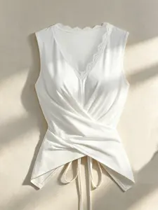 Sleeveless Tank Top, Lace Trimmed V-Neck Design, Cross Back Ruched Tie Waist, Elegant Casual Daily Wear, Soft and Comfortable