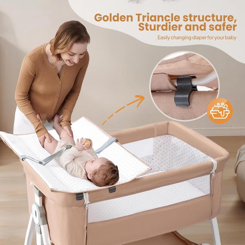 JOYMOR Baby Bassinet with Changing Table, Bedside Bassinet for Baby with Comfy Mattress and Wheels, 6 Height Adjustable Easy Folding Portable Bedside Crib for Newborn (Beige)