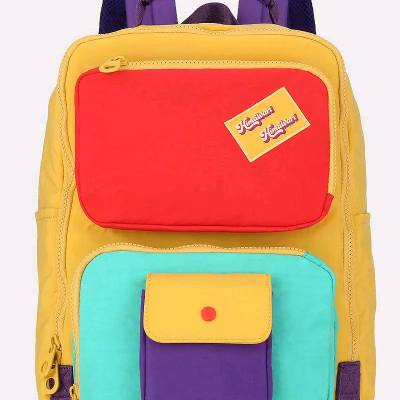 Himawari Contrast Nylon Backpack Bag with Handles, Yellow, Red, Blue, and Purple Accents, Versatile Design for School and Everyday Use