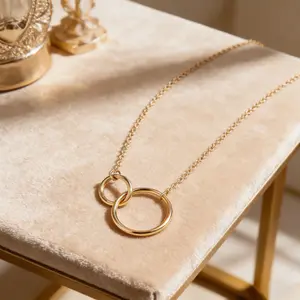 Female Minimalist Rose Gold Double Hoop Necklace - Adjustable Chain, Everyday Fashion Costume Jewelry Accessory