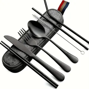 Portable Utensils, Travel Camping Cutlery Set, 8pcs Including Knife Fork Spoon Chopsticks Cleaning Brush Straws Portable Case, Stainless Steel Flatware Set