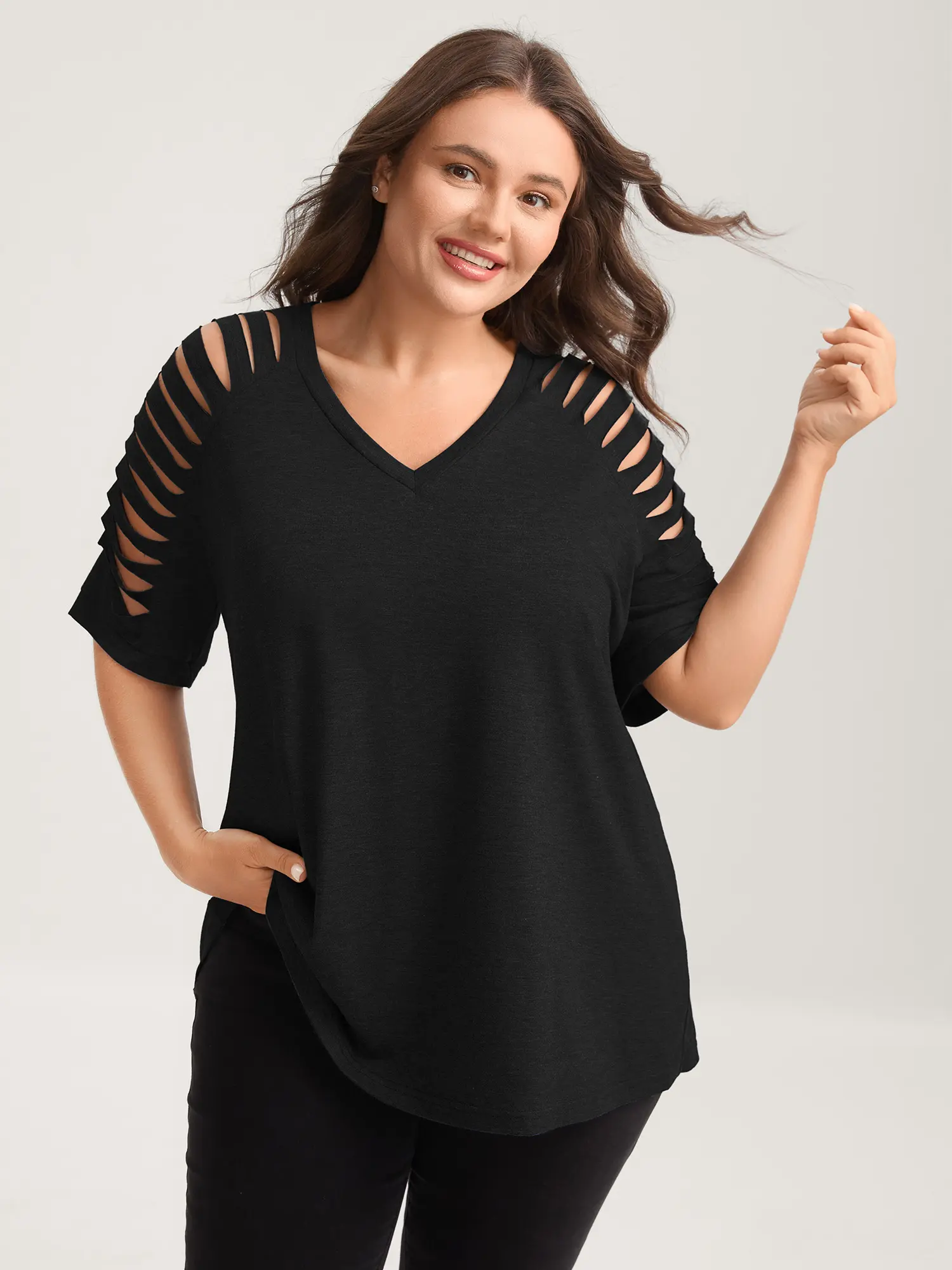 BLOOMCHIC Women's Plus Size Fitted Spandex Fabric Top - V-Neck Shortsleeve Cut-Out Design - [M-6X]Summerfinds ,summeroutfits,vacationoutfits,beachoutfits