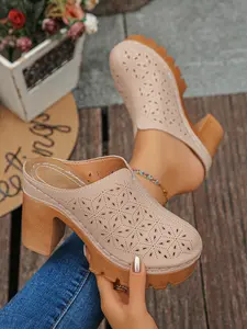 Women's Summer Hollow Carved Thick Sole Chunky Heel Mules, PU Leather High Heeled Slip-On Sandals, Fashion Half Slippers