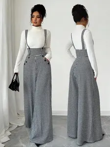 Women's Knitted Plaid Print Houndstooth Backless Pants, Loose Fit High Waist Wide Leg Long Pants, Fashionable Elegant Casual Commuter Trousers, Casual Pockets, Bottom