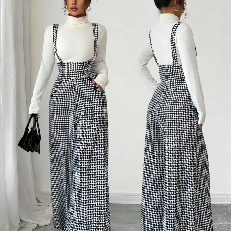 Women's Knitted Plaid Print Houndstooth Backless Pants, Casual High Waisted Loose Fitted, Loose Fit High Waist Wide Leg Long Pants, All Season Trousers, Fashionable Elegant Casual Commuter Style Trousers, Casual Pockets, Casual Chic Bottoms