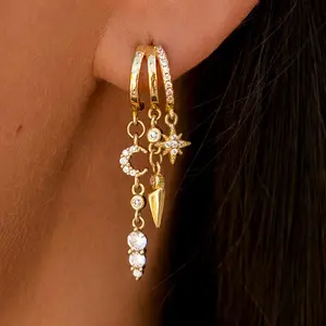 14K Gold Plated/Silver Earrings for Women Trendy Triple Huggie Stud Earrings Dainty Dangle Earring Small Hoops Statement Long Drop Chain Earrings Fashion Non Tarnish Jewelry