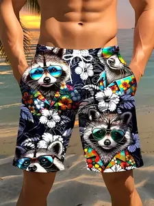 Men'S Tropical Raccoon Digital Print Shorts - Lightweight Fiber Drawstring Waist Casual Swim Trunks, Suitable for Summer, Golf, Fishing, Basketball, Camping And Fitness, Vibrant Pattern, Breathable Fabric, Multifunctional Swimwear