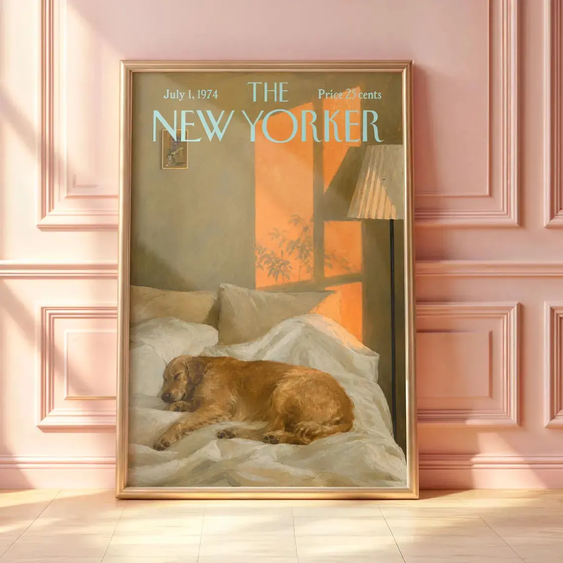 Vintage New Yorker Poster, Retro Sleeping Golden Retriever Print, Cozy Bedroom Dog Wall Art, Mid-Century Magazine Cover, Pet Lover Decor